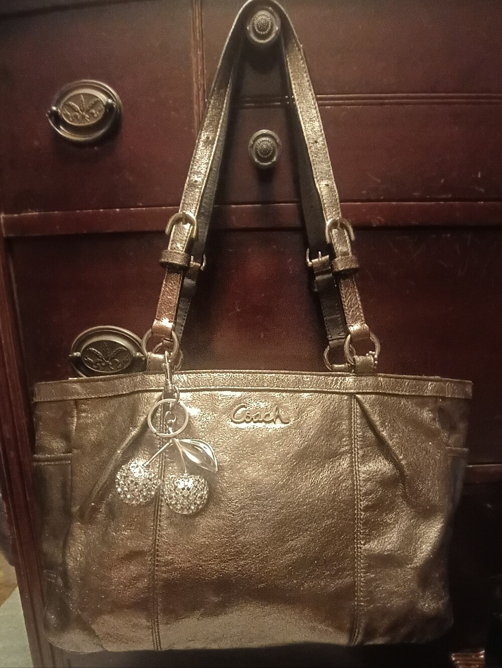 Coach Metallic Bronze Leather Tote with Charm